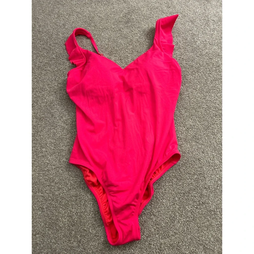 Time and Tru One Piece Swimsuit Womens XL 16-18 Pink Excellent Ruffle V-Neck